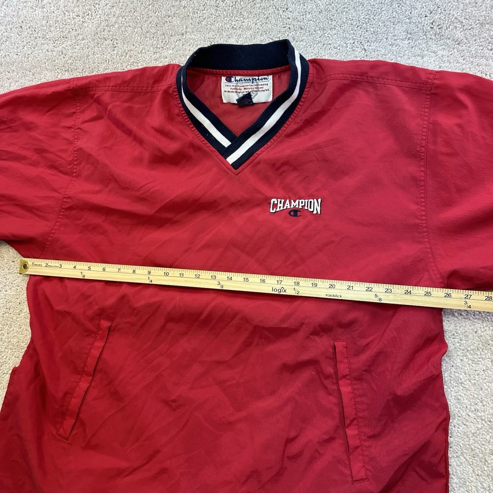 Vintage 90s Champion Nylon V-Neck Pullover Men's L Red Logo Windbreaker - Picture 10 of 11
